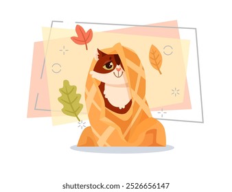 Funny kitten under blanket vector illustration. Cartoon domestic animal character sitting at home. Autumn leaves on abstract background. Autumn or fall, pet concept