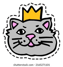 Un gatito gracioso que usa corona, príncipe gato o princesa. Carácter grisáceo de historieta, personajes con whiskys y morena. Parche de gatito dulce o etiqueta. Pegatina o etiqueta, icono aislado, vector en estilo plano