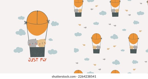 Funny kittens flying on hot air balloon. T-shirt design and seamless pattern for kids. Hand drawn vector illustration perfect as a print for children's clothing 