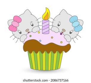 Funny kittens and muffin. Color filled contour for children's development, creative design and congratulations. Linear style.