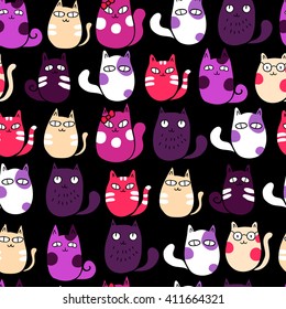 Funny kittens on a black background. Vector seamless pattern