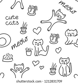 Funny kittens and potted flowers, text. Seamless pattern, outline. Vector.