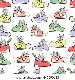 Funny kittens in the sneakers. Vector illustration.