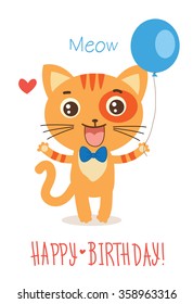 Funny Kitty With Balloon. Cute Cartoon Animal Vector On White Background. Funny Cat Greetings Card. Birthday Card. Cute holiday poster.