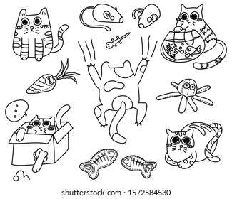 Funny kitty cats with cat toys. cute cats vector illustration cartoon. Colorless hand drawing cartoon.