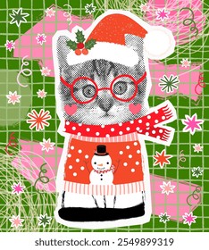 Funny kitty collage vector illustration, cat with Santa Claus and ugly Christmas sweater, holiday poster, banner design