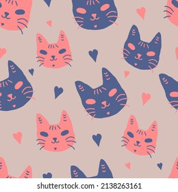 Funny kitty faces and hearts.. Seamless vector pattern for printing on gift paper, fabric, postcards