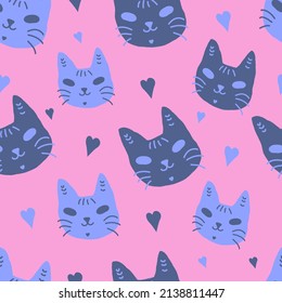 Caras de gatito divertidas y corazones. Patrón vectorial sin fisuras para imprimir en papel de regalo, tela, postales