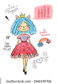 funny kitty girl in t shirt with heart, blue curly hairstyle, crown, tulle skirt. little princess cat. teenagers style. rainbow with sketch 3 d star and cloud. Comic speech cloud Hi. romantic motives