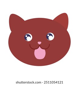 Funny kitty pet face. Laughing cat character with dark fur. Image for design of pet store or veterinary clinic. Simple flat vector isolated on white background