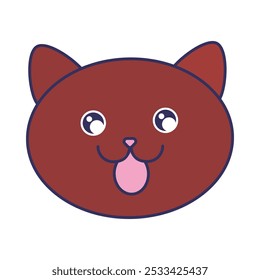 Funny kitty pet face. Laughing cat character with dark fur. Image for design of pet store or veterinary clinic. Simple flat vector isolated on white background