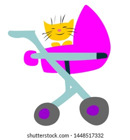 funny kitty in a pink stroller