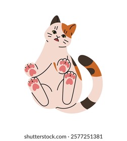 Funny kitty with shocked, wondering muzzle sits on glass bottom view. Cute kitten with surprised, silly face. Goofy cat staring. Pet behavior. Flat isolated vector illustration on white background