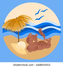 Funny kitty sunbathing on the sand by the sea under an umbrella. Summer vacation cat . Scandinavian flat hand drawn vector character illustration.