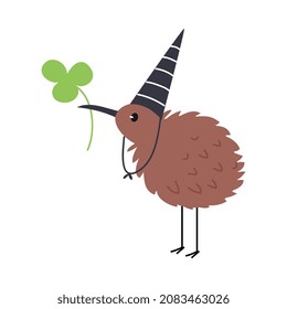 Ave graciosa de Kiwi como animal australiano que usa sombrero de cono y sostiene una lámina de árbol con una vectores de pico largo.