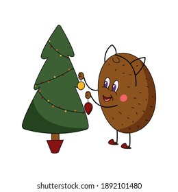 Funny kiwi character decorates a Christmas tree. Merry Christmas traditions. New Year's comfort at home. Holiday mood. Gift card. Winter fun.