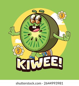 Funny Kiwi fruit 70s retro comic cartoon character illustration