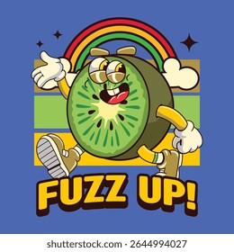 Funny Kiwi fruit 70s retro comic cartoon character illustration