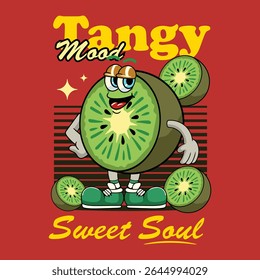 Funny Kiwi fruit 70s retro comic cartoon character illustration