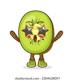 Funny kiwi fruit character in star-shaped glasses having fun at party, cartoon vector illustration isolated on white background. Cartoon kiwi fruit character, party mascot