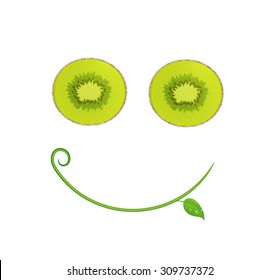 funny kiwi, vegetable healthy food concept, fresh face, green smile icon, kiwi slices and leaf with curl on white background, vector.	