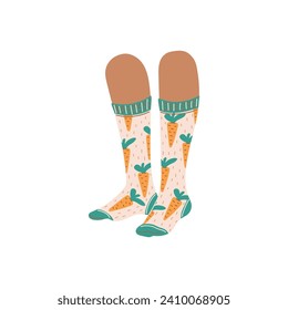 Funny knee-high socks with unique and creative designs with carrots, flat vector illustration isolated on white background. Feet in comfortable cotton stylish socks.