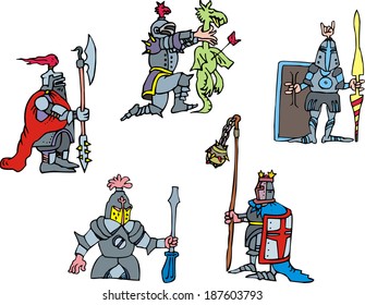 Funny knights. Set of vector illustrations in cartoon style.