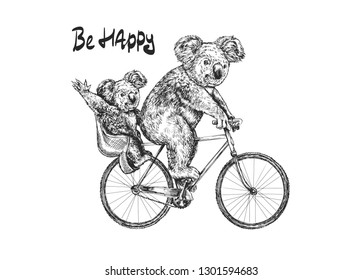 Funny Koala With A Baby In A Chair Riding A Bike Sketch Vector