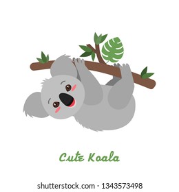 Funny koala baby hanging on a tree with leaves. flat vector illustration isolated on white background