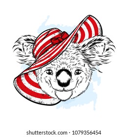 Funny koala in a beach hat and glasses. Bear cub in clothes and accessories. Hipster. Vector illustration.