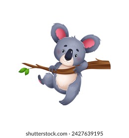 Funny koala bear cartoon character hanging on branch. Koala childish personage, zoo animal funny mascot or Australia jungle bear cute isolated vector character climbing tree