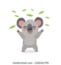 Funny Koala Bear With Green Leaves. Australian Animal Funniest Koala Cartoon Vector Illustration. Animal Of Australia. Free Hugs. Vector Illustration, Funny Baby Bear Koala, On A White Background.