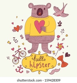 Funny Koala bear in sweater with heart in hands. Cute vector card hipster concept set with animal, bird, mustache, anchor, bicycle, bow and flowers