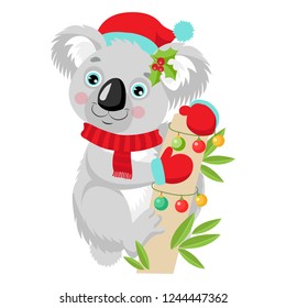 Funny Koala Christmas Vector. Merry Christmas From Australia. Cute Animal Cartoon Character Holiday Vector Illustration On A White Background. Koala In A Santa Hat Sitting On The Eucalyptus Tree.