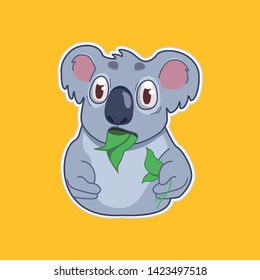 funny koala eats eucalyptus leaf. vector illustration