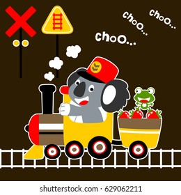 Funny koala and frog on steam train loading fruits, locomotive element, vector cartoon illustration