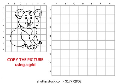 funny koala game. Vector illustration of grid copy puzzle with happy cartoon koala for children