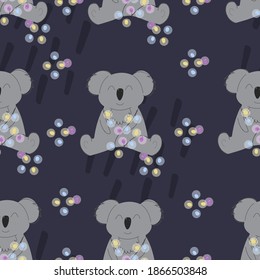 Funny koala with a garland. seamless pattern. Decorative wallpaper for the nursery in the Scandinavian style. Vector. Suitable for children's clothing, interior design, packaging, printing.