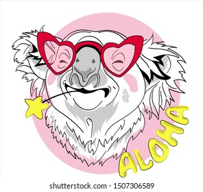 Funny koala  in glasses  the form of heart . Aloha - lettering quote.  Card, t-shirt composition, hand drawn style print. Vector illustration