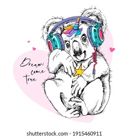 Funny Koala in a headphones with a rainbow unicorn horn. Humor card, t-shirt composition, hand drawn style print. Vector illustration.