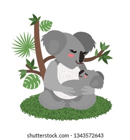Funny koala keeps her baby. greeting card for the holiday mother's day. flat vector illustration isolated on white background