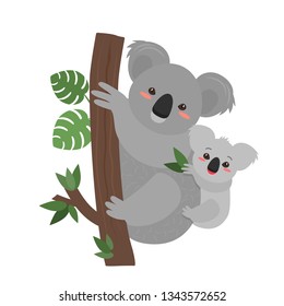 Funny koala keeps her baby. greeting card for the holiday mother's day. flat vector illustration isolated on white background