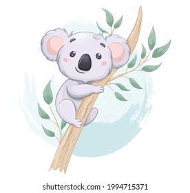 Funny koala on eucalyptus tree. Cute cartoon character. 