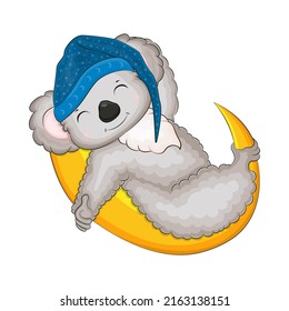 Funny koala on the moon. Vector illustration of a cute animal. Cute little illustration of koala for kids, baby book, fairy tales, covers, baby shower invitation, textile t-shirt.