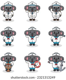 Funny Koala sailors set. Cute Koala characters in captain cap cartoon vector illustration.