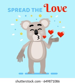 Funny koala sending an air kiss. Spread the love - positive motivation quote. Simple vector illustration