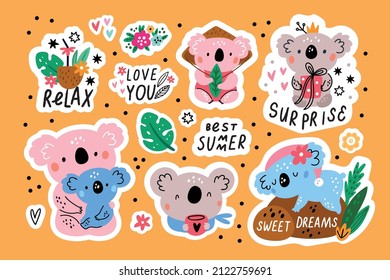 Funny koala stickers. Cute little bears. Australian fauna characters. Comic fluffy wild marsupial animals. Tropical flowers and summer elements with text. Vector adorable