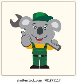 Funny koala in wearing overalls with the large wrench on her shoulder. 