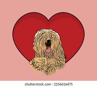 Funny Komondor dog hanging with paws in a big Valentine's day heart. Love heart with pet head and heart and footprint. Dog face Holding Pink Heart Cartoon Icon. St Valentine's day for dog funs.