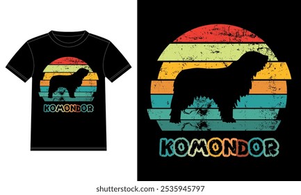 Divertido Komondor Retro Antiguas Sunset Plantilla de diseño de camiseta, Komondor Tablero, etiqueta engomada de la ventana del coche, POD, cubierta, fondo blanco aislado, regalo de la silueta para el amante de Komondor